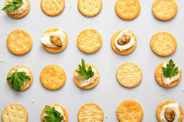 Tasty crackers on grey background