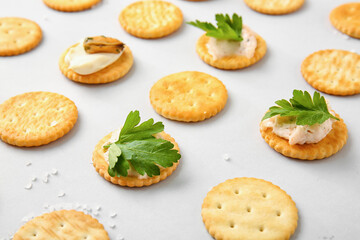 Tasty crackers on grey background, closeup