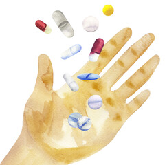 Pills and hand watercolor illustrations isolated on white