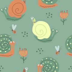 Hand drawn vector seamless pattern with cute snails in the forest grass with flowers and bees on a green background