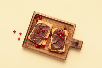 Tasty crackers with chocolate paste and cranberry on color background