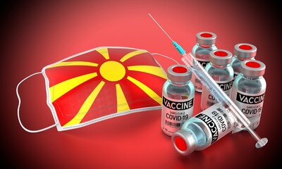 Covid-19, SARS-CoV-2, coronavirus vaccination programme in Macedonia - face mask, vials, syringe - 3D illustration