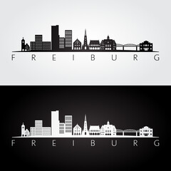 Freiburg skyline and landmarks silhouette, black and white design, vector illustration.