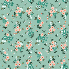 Trendy seamless vector floral pattern. Seamless print made of small coral flowers. Summer and spring motifs. Pale blue background. Stock vector illustration.