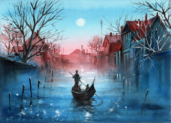 Watercolor illustration of a gondola with a gondolier sailing along the canal of an old town at dusk, with houses on either side and highlights from the moon reflected in the water - obrazy, fototapety, plakaty