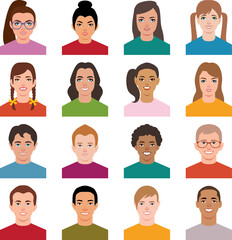 Vector illustration of a set of avatars children teen boys and girls in a flat style icons