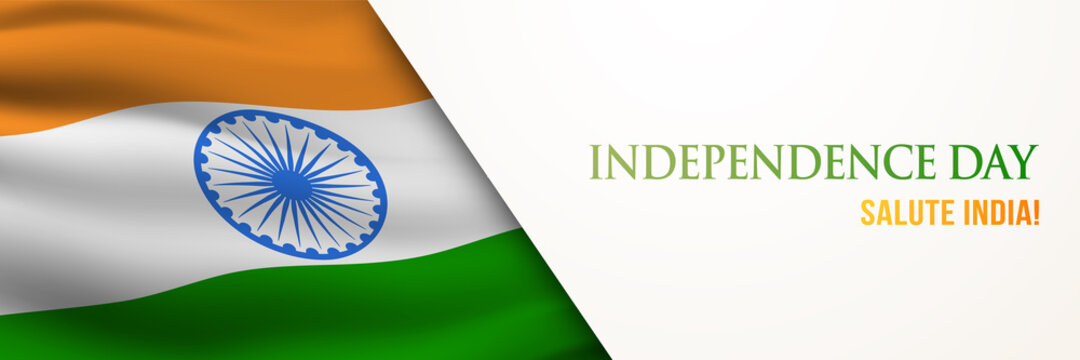 Indian Independence day horizontal greeting banner. Indian national holiday 15th of August. 3D vector waving Indian flag.