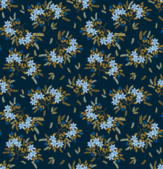 Vector seamless pattern. Pretty pattern in small flowers. Small blue flowers. Dark blue  background. Ditsy floral background. The elegant the template for fashion prints. Stock vector.