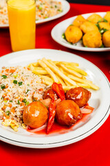 
Delicious Meal Plate Dish Japanese Seafood Menu Fried Rice Teriyaki On a Red Table