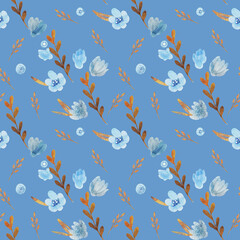 Seamless pattern with watercolor painted blue flowers, orange sticks and blue background. Can be used for home decoration design, textile design, printing.