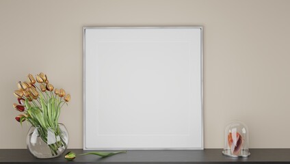 Mockup poster frame close up in minimalist modern interior background, 3d render