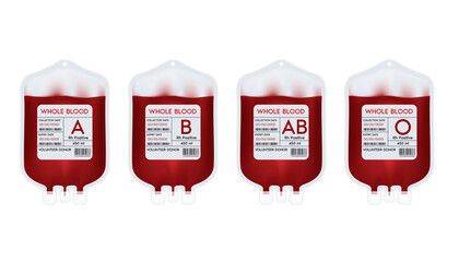 Blood bag with label different blood group A, B, O and Rh system. Blood donation ideas to help the injured medical. 3D Vector EPS10 illustration - obrazy, fototapety, plakaty
