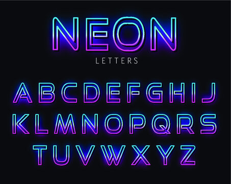 Neon pink and blue font vector illustration. Colorful neon light letters. Glowing alphabets. A-Z Letters.