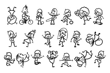 Collection of happy cartoon kids, lined hand drawn doodle outline style