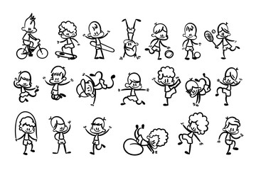 Collection of happy cartoon kids, lined hand drawn doodle outline style