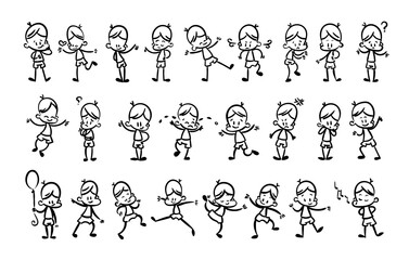 Collection of happy cartoon kids, lined hand drawn doodle outline style