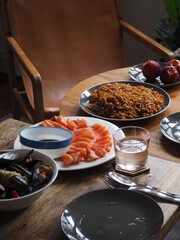 Home party menu, salmon and instant ramen