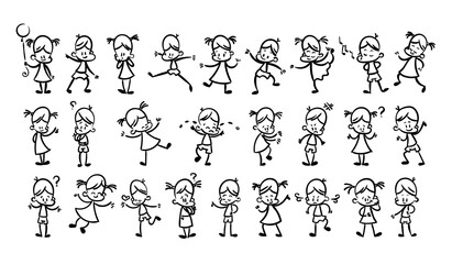 Collection of happy cartoon kids, lined hand drawn doodle outline style