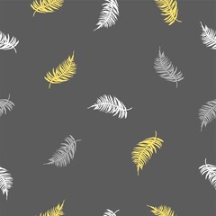 Vector Seamless patterns of tropical leaves, plants, flowers on grey and yellow. Beautiful print with exotic plants. Botanical design of fabrics, wallpapers, natural cosmetics, perfumes.