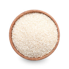 Fototapeta na wymiar Bowl with raw rice on white background