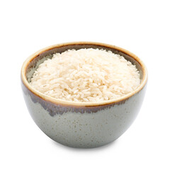 Bowl with raw rice on white background