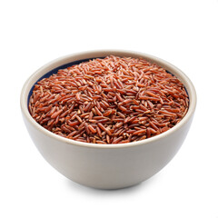 Bowl with raw red rice on white background