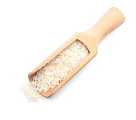Fototapeta na wymiar Scoop with raw rice on white background