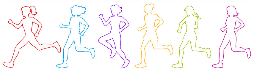Set of contours of running girls and women of different colors. Silhouettes without fill on a white background. Illustration for sports and healthy lifestyle.