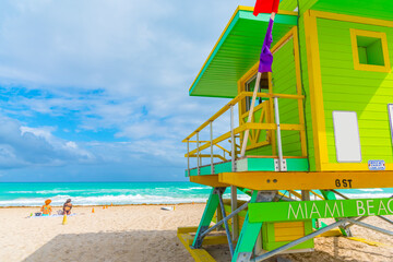 Colorful lifeguard tower in world famous South Beach
