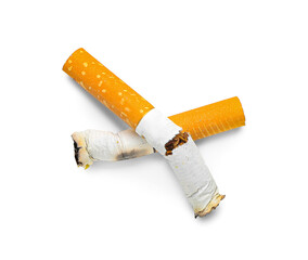 Burnt cigarettes on white background