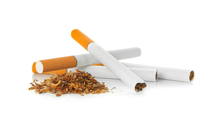 Whole cigarettes and tobacco on white background