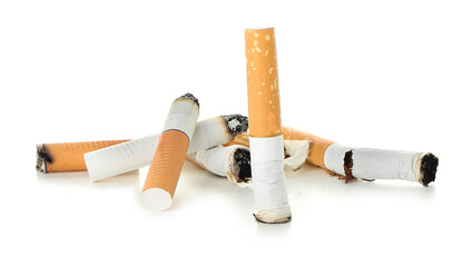 Burnt cigarettes on white background