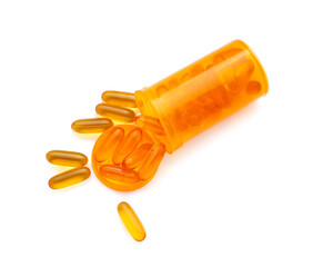 Bottle with fish oil capsules on white background