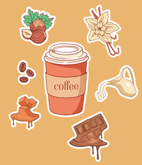 collection of cartoon stickers with coffee and different syrups tastes