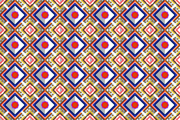 geometric fabric pattern Yellows and oranges, blues, purples, reds, blacks, whites feature brightly colored flowers and shadows that create dimension. Flat design concept for fabric pattern, curtains