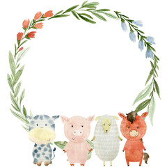 Watercolor card with farm animals.