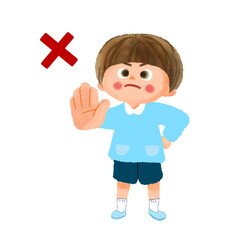 手を出しストップのポーズをする園児