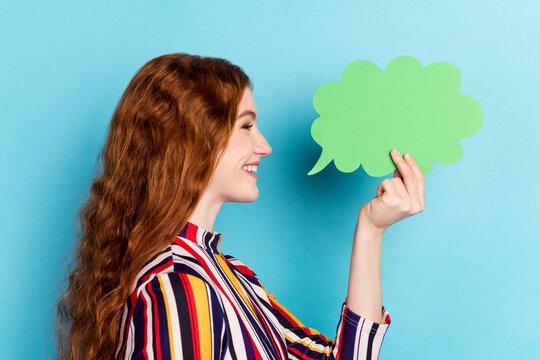 Profile photo of funky ginger hairdo millennial lady hold bubble wear colorful shirt isolated on blue color background