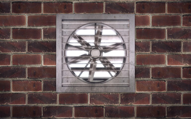 Ventilation fan unit in brick wall. 3d rendering