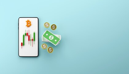 Cryptocurrency bitcoin candle stick chart graph on smartphone 3D render illustration