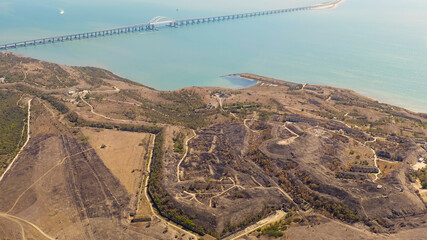 Kerch, Crimea. View of the new Crimean bridge. Fortress Kerch. Clear weather, Aerial View - obrazy, fototapety, plakaty