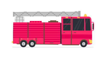 Cartoon firetruck isolated on white background. Flat style firefighters transportation, modern wheeled motor vehicle, rescue truck side view vector illustration. Red fire engine hand drawn design