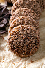 chocolate cookies close-up on an old kitchen table