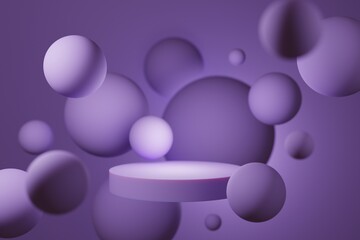 Antigravity glowing podium on the background of purple flying balls 3d illustration