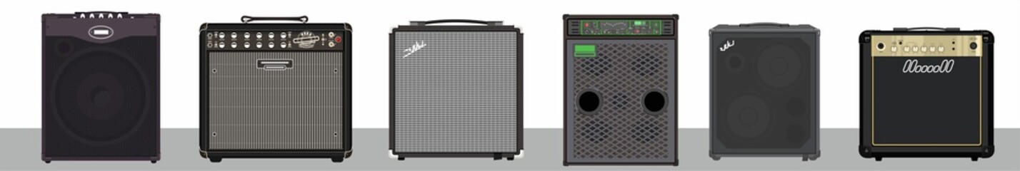Set of bass and guitar amplifiers and speakers. Concert equipment. Material for rider of artist-musician. Rehearsal combo. Music studio theme. Guitar monitoring. Portable monaural speaker system.  - obrazy, fototapety, plakaty