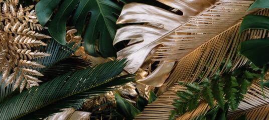 Creative nature background. Gold and green tropical Monstera and palm leaves. Minimal summer abstract jungle or forest pattern.