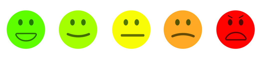 Naklejka na ściany i meble Smiley face satisfaction emoticon happiness smile feedback scale. From happy to angry emotion. Red green circle set. Five star.