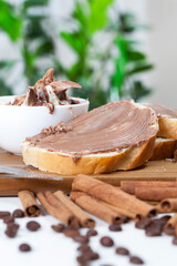soft chocolate butter and white baguette, natural cocoa chocolate