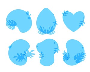 Abstract liquid minimal banners set with floral elements. Modern fluid flat template for social media posts, web design and backgrounds. Vector illustration in blue colors. EPS10