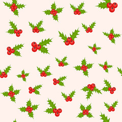 Seamless Christmas Pattern with Mistletoe, Spruce Branches, Green Leaves and Berries.